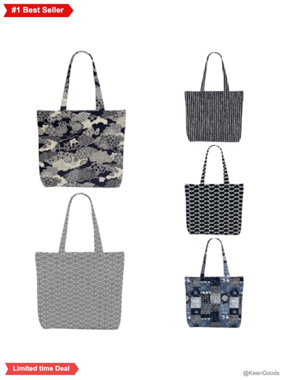 5 Pack Canvas Tote Bags Zipper Pocket Reusable Grocery Bag